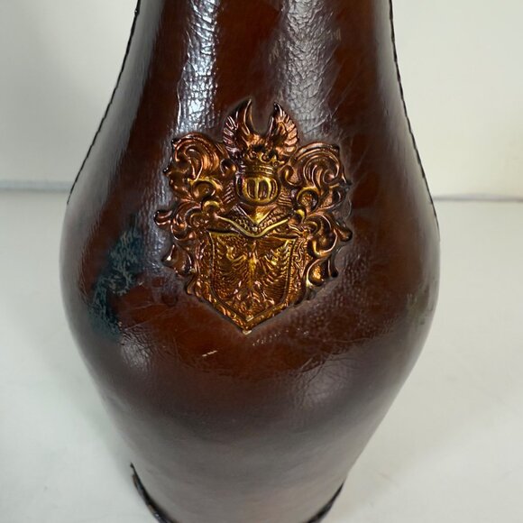 Decorative Leather Wrapped Bottle Decanter Brown Ornate Crest Vintage Home Decor - Picture 7 of 16